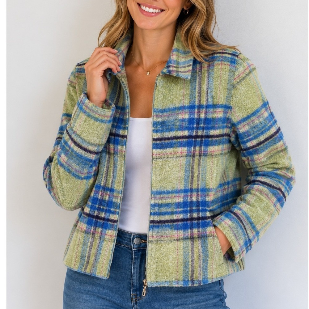 Requirements Womens Plaid Wool Mohair Blend Zip Up Jacket Green Blue Size 14